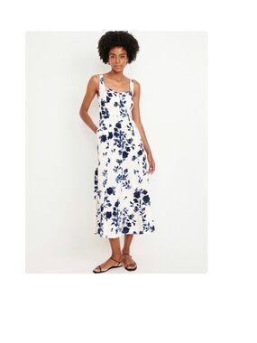 Old Navy Fit and Flare Linen-Blend Cream Midi Dress with Navy Blue Floral Print